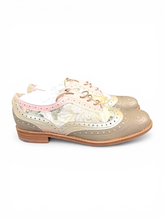 ABO Shoes Shoes - Floral Panel Leather Wingtip Loafers in Beige & Gold
